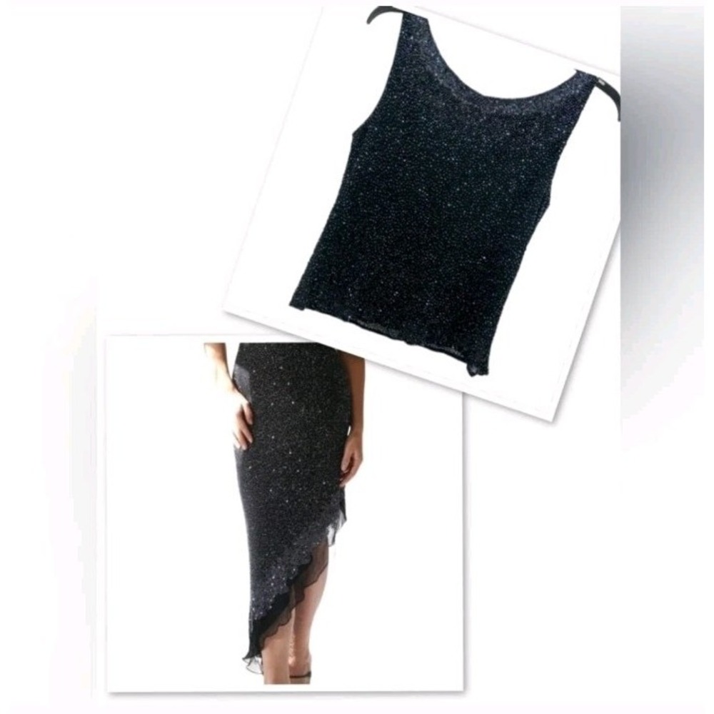 Scala Silk 2Pc Sets Glass Asymmetric‎ Beaded Skirt Top Evening Party Cocktail